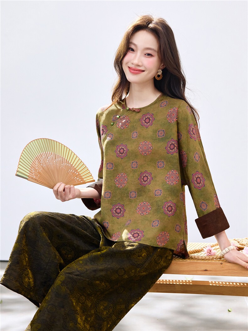 长期现货2026新中式印花上衣女夏季薄款透气中袖衬衫中年妈妈宽松,女装衬衫,璐依舞