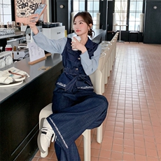 【新款，现货】26春牛仔衬衣马甲拼接假两件套2C215-P205-K328，女装套装/套裙，2C215