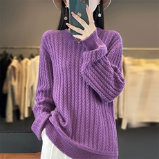 针织衫女圆领羊毛秋冬宽松短款毛衣长袖内搭打底衫，女装羊毛衫，忠诺羊绒