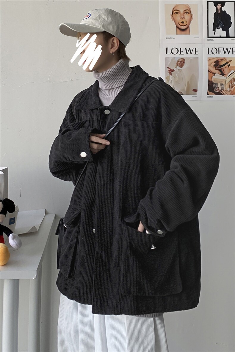秋装港风情侣灯芯绒夹克多口袋工装宽松外套潮日系情侣H203/P85,男装夹克,钱塘713