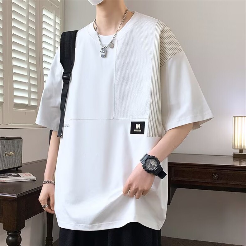 青少年短袖T恤男士2025新款宽松韩版设计感圆领半袖撞色拼接男装，男装T恤，星座1210-1