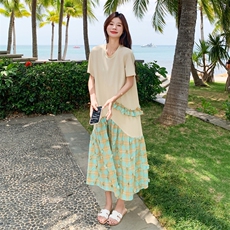 多巴胺设计感拼接连衣裙女2025夏季新款韩系慵懒风宽松减龄T恤裙，女装连衣裙，2C158