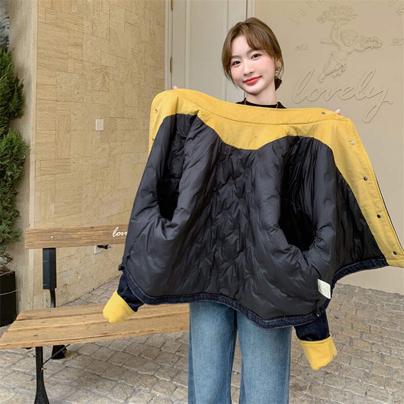 黄色拼接牛仔羽绒服外套女秋冬2025新款派克服短款小个子流行时尚图片