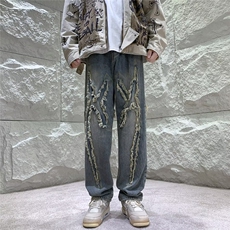 美式高街牛仔裤男韩版潮流帅2023秋冬新款ins宽松长裤RK1050-P58，男装牛仔裤，星座412-3