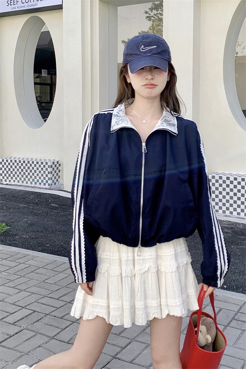 藏青色韩版甜酷风夹克外套女2025春秋季新款学院风显瘦棒球服上衣,女装短外套,2C323