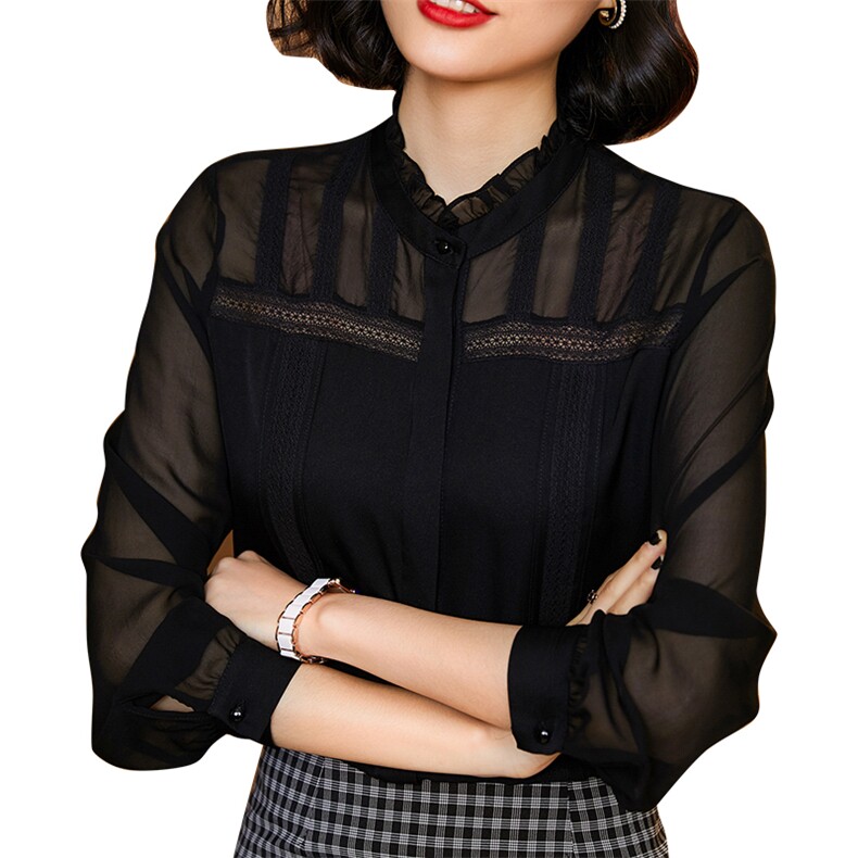 时尚优雅木耳边真丝衬衫女长袖显瘦气质百搭上衣,女装衬衫,宋氏羊绒
