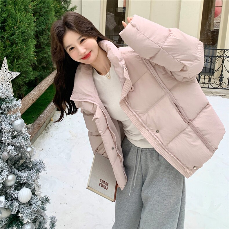 韩系粉色立领羽绒服女冬2025新款超火好看高级小众保暖加厚短外套,女装羽绒服,2B082