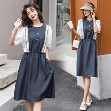 2022年夏季简约时尚铜氨丝拼接显瘦中长连衣裙，女装连衣裙，韩蜜菓