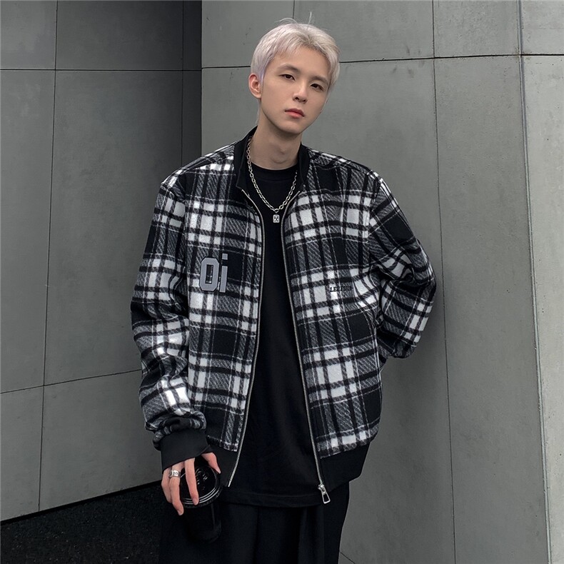 2024新款千鸟格棒球服领夹克青少年春秋撞色格子外套夹克JK98-P98图片