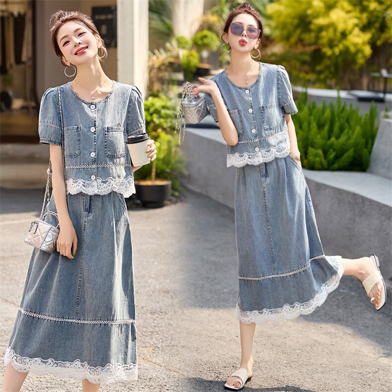 现货可推2025夏季新款时尚甜美拼接牛仔套装两件套蕾丝花边，女装套装/套裙，韩然一族