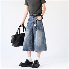 美式复古高腰闪电宽松阔腿裤百搭垂感直筒七分裤牛仔裤K7012TP48，男装牛仔裤，电商D325