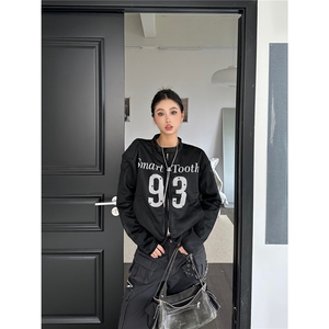 美式复古辣妹字母印花垫肩网纱外套女2025新款宽松休闲百搭上衣图片