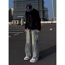 秋季新款工装牛仔裤男直筒美式痞帅大口袋拼接裤子-A1158TP55控88，男装牛仔裤，电商B241