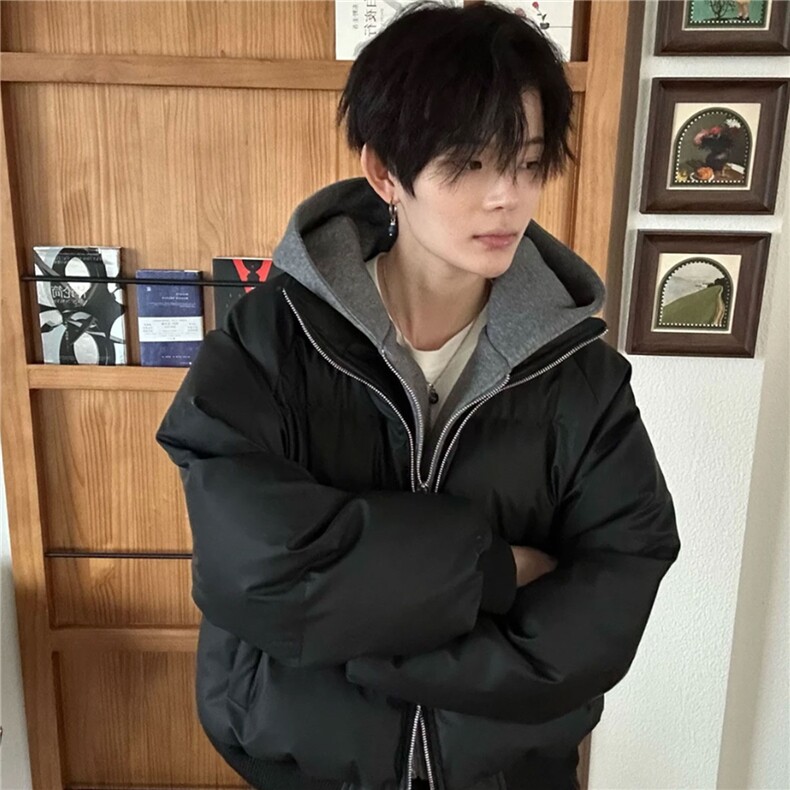 网图假两件棉服男连帽宽松保暖短款潮流冬季加厚棉服D513特P105,男装棉衣,电商A335-1（原A458）