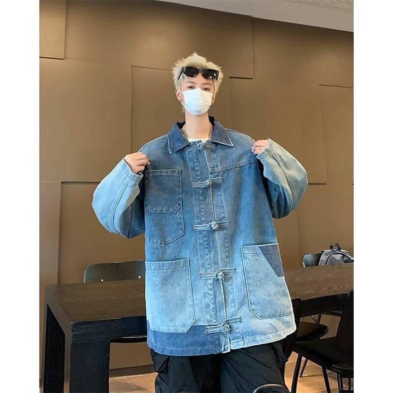 W350-P85新中式唐装外套春秋季复古渐变水洗盘扣牛仔衣夹克上衣,男装工装外套,星座911-1