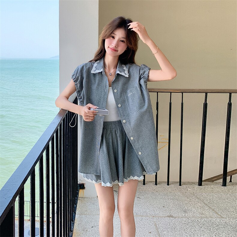 格纹蕾丝拼接领衬衫套装女2025夏季新款韩版显瘦短裤小个子两件套,女装套装/套裙,维壹
