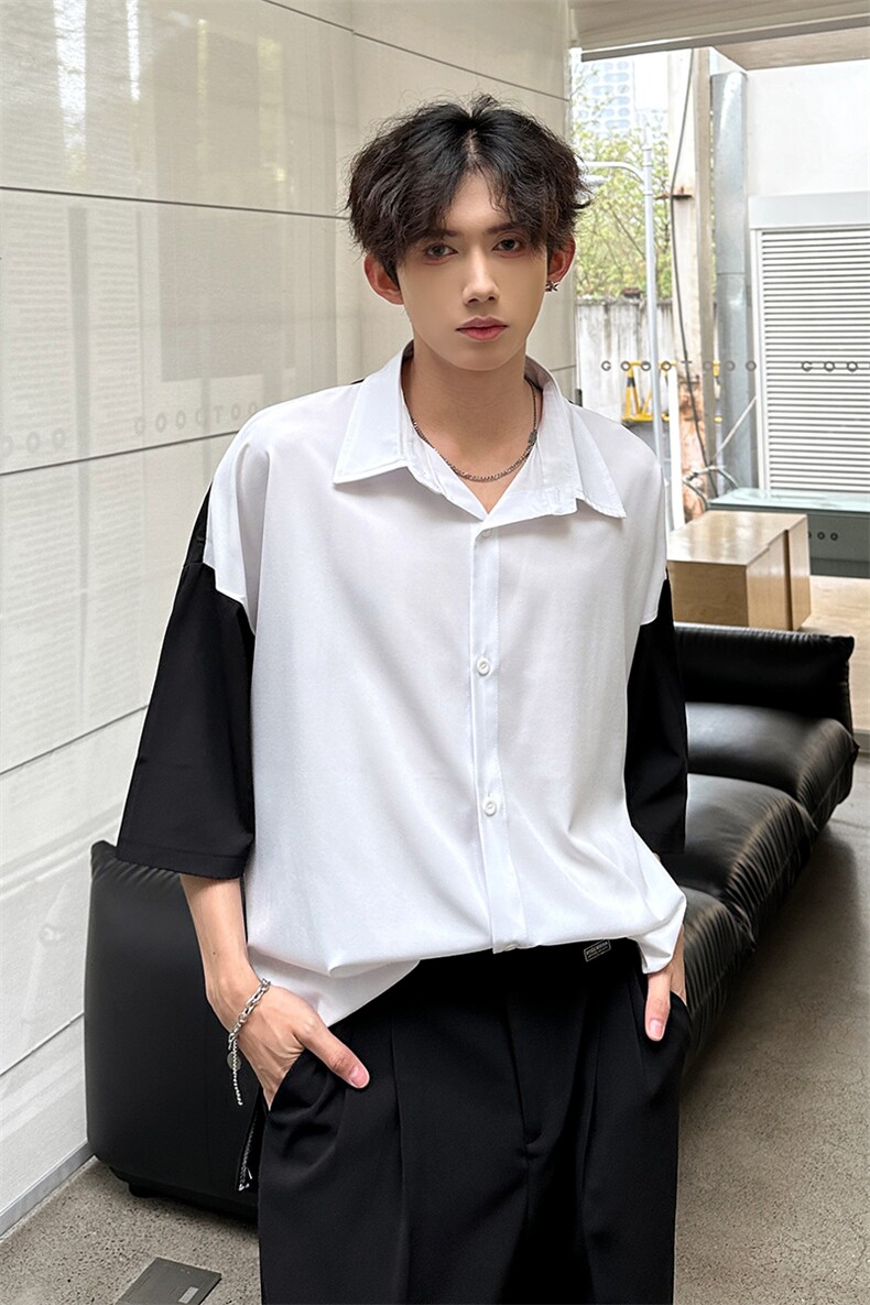 夏季禁欲风短剧拼接男士撞色短衬衫A071-C12-P35,男装衬衫,电商A071