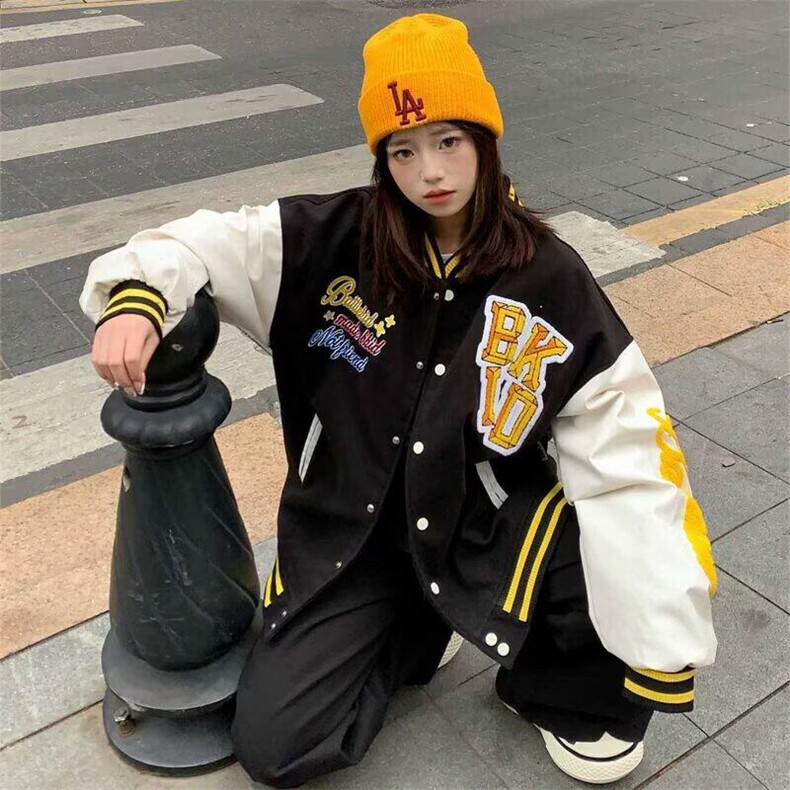 潮牌美式复古撞色棒球服外套女春季2025新款情侣宽松飞行员夹克图片