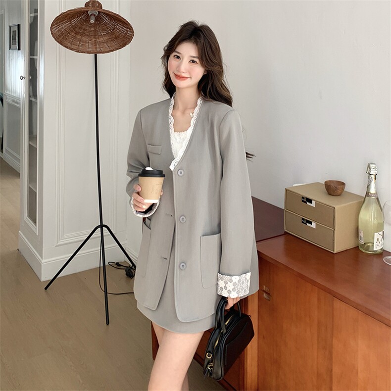 灰色气质休闲西装套装女2025春季新款蕾丝拼接西服上衣短裙两件套,女装套装/套裙,2D078