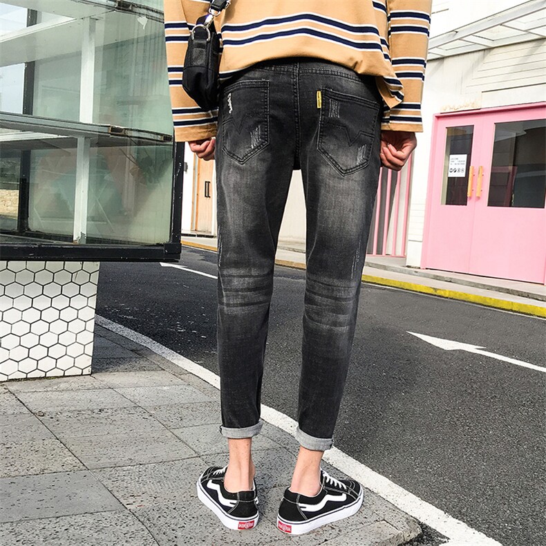 春季破洞牛仔裤男士修身韩版潮流小脚裤子直筒九分裤2188-P50,男装牛仔裤,电商A318