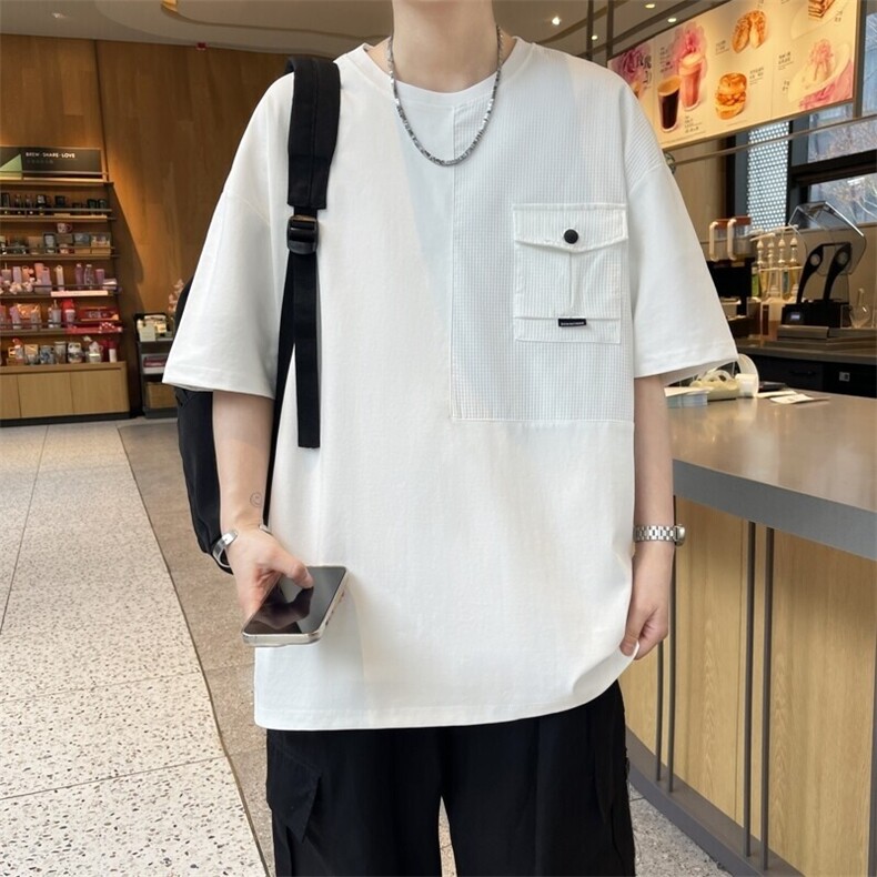 25169-特P40 夏季港风宽松T恤男短袖打底衫青少年潮牌拼接短袖T恤图片