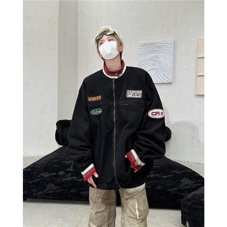 潮牌美式复古立领做旧情侣牛仔外套男春季贴布机车夹克,男装工装外套,星座716-3