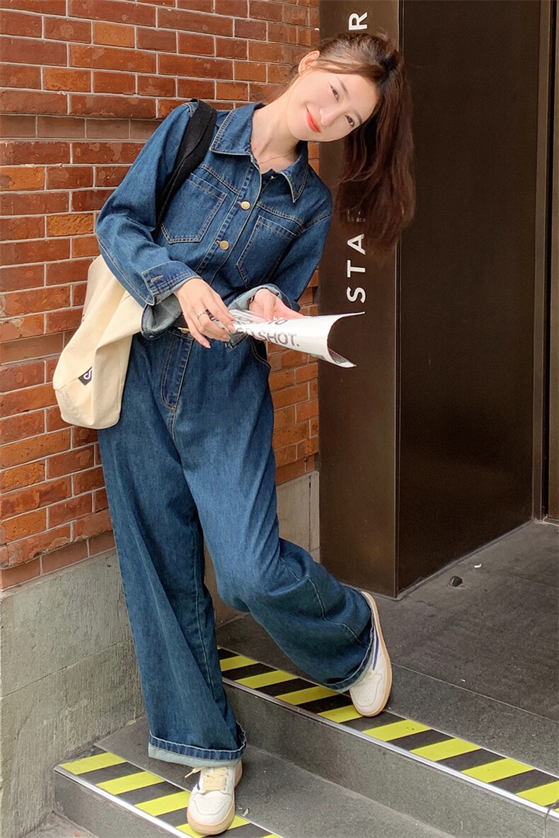 港风蓝色复古牛仔连体裤女2025春秋季新款韩版高腰休闲显瘦连衣裤,女装连体裤,新思路
