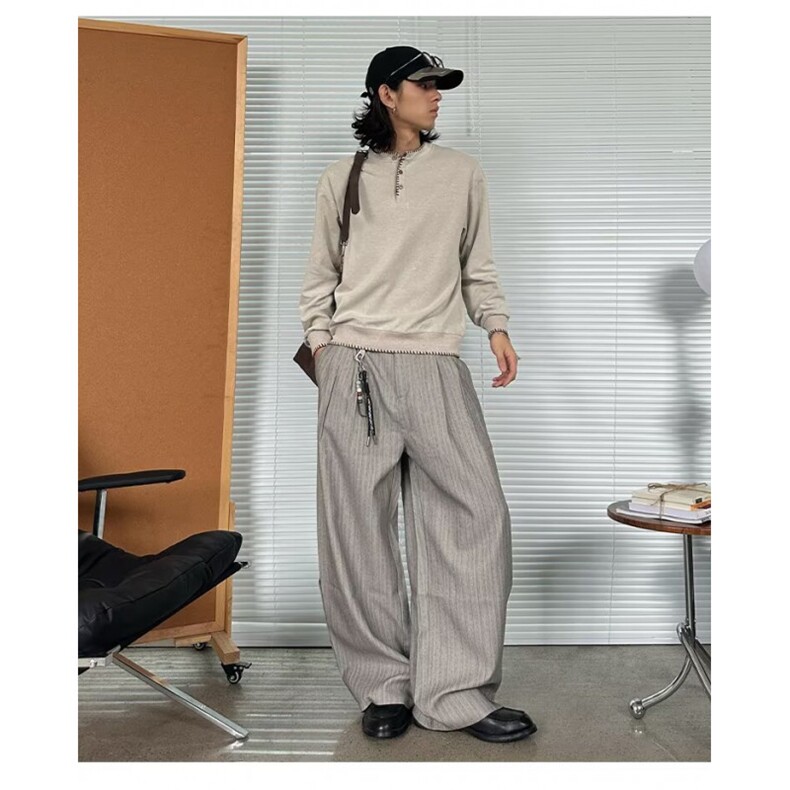 老钱风条纹西裤男女阔腿宽松直筒休闲裤子秋冬季1008-LB0188-p48,男装西裤,星座1008