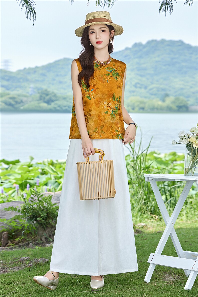 现货2026年夏季新中式上衣麻料阔腿裤子，可分开卖,女装套装/套裙,伊仟回