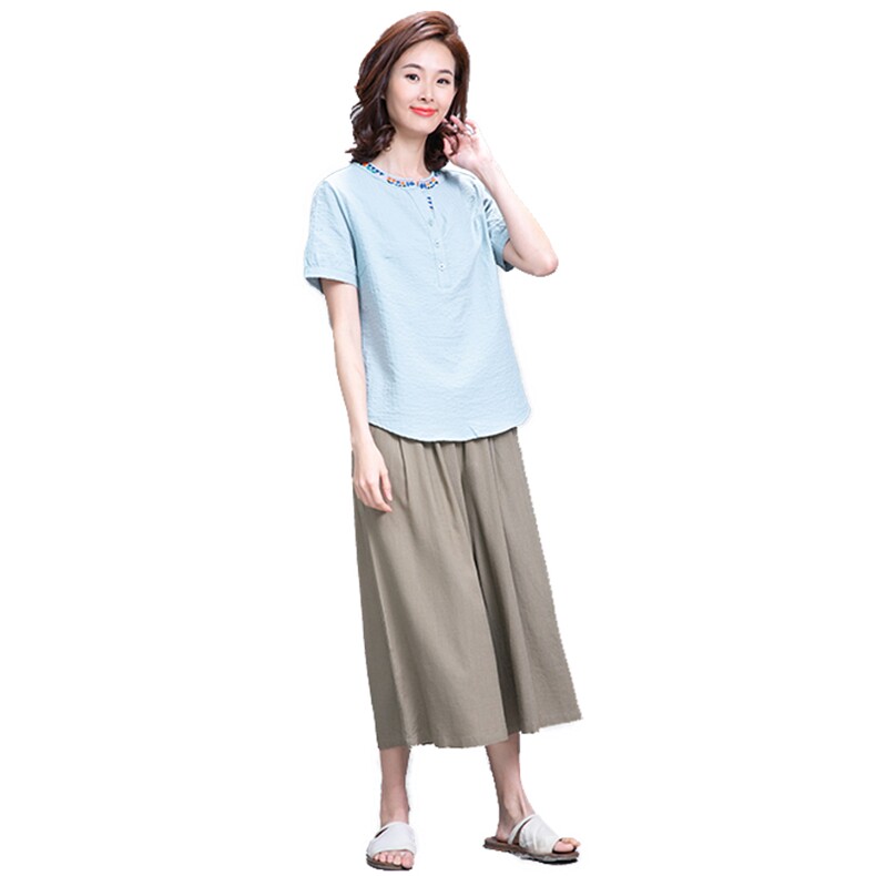 圆领套头时尚气质百搭2021年夏季T恤绣花V领几何图案,女装T恤,独衣靓