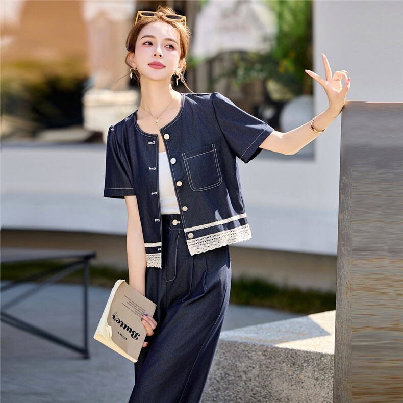 2025年夏季时尚潮流短袖圆领两件套，女装套装/套裙，秀美人生