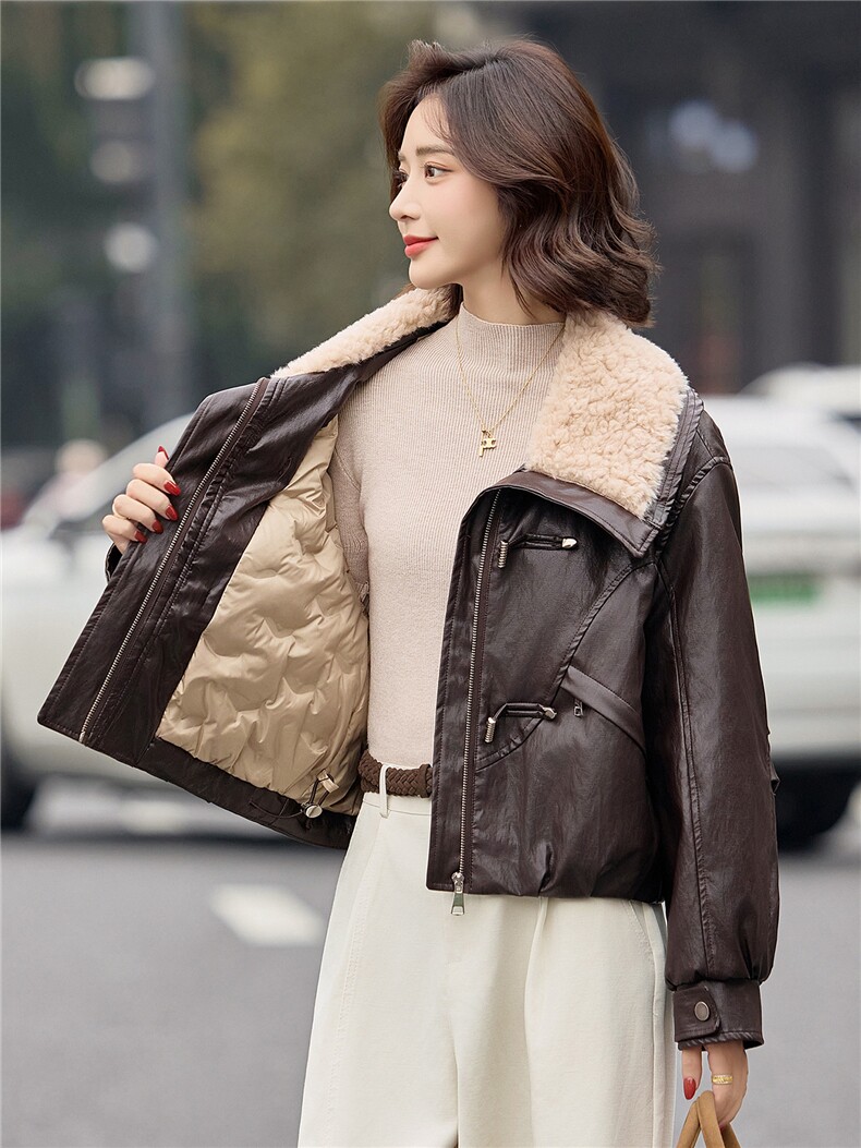 时尚羊羔毛翻领PU皮羽绒服女2025冬季新款加厚保暖白鸭绒皮衣外套,女装短外套,E百度