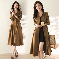 现货新款气质长袖连衣裙女2025秋新款系带收腰中长款风衣裙送腰带，女装风衣，韩美纤衣