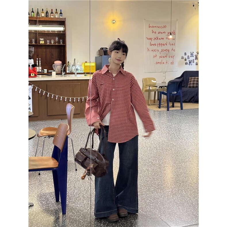 TC672-p45美式复古腊肠小狗红色格子衬衫女春季2025,女装衬衫,星座617A-2