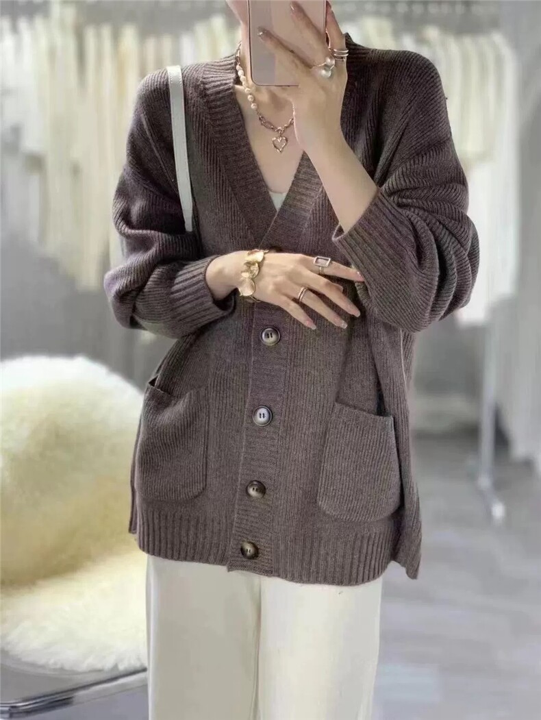 v领针织开衫女秋冬新款流行软糯毛衣外套慵懒外搭,女装羊毛衫,恩泰羊绒