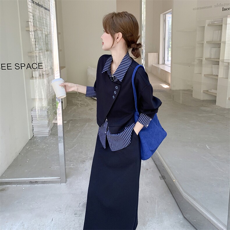 深蓝色假两件卫衣显瘦套装裙女2025年春秋季新款高级感休闲两件套,女装套装/套裙,2C129