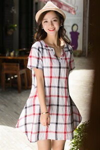 格子甜美V领A字裙2025年夏季短袖中长款棉休闲连衣裙图片