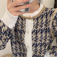 990复古千鸟格开衫毛衣，女装针织衫/毛衣，Lucky Lee