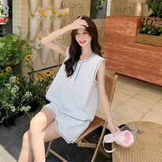 韩系简约撞色刺绣无袖背心短裤套装女2025夏季新款休闲显瘦两件套，女装套装/套裙，2C022