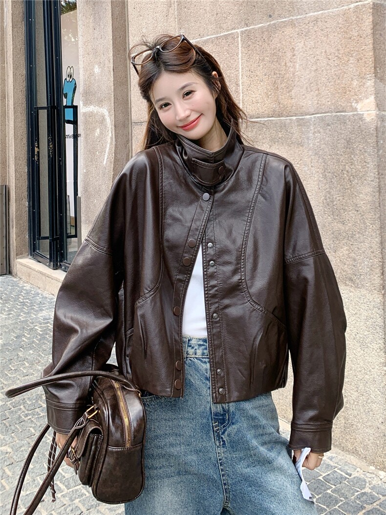 时髦复古时尚休闲皮衣外套女2025年秋季新款韩系宽松气质显瘦夹克,女装皮衣,蝶眷