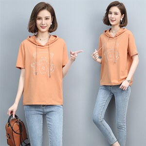 2023夏季新款简约时尚气质圆领休闲舒适连帽T恤,女装T恤,玛其路