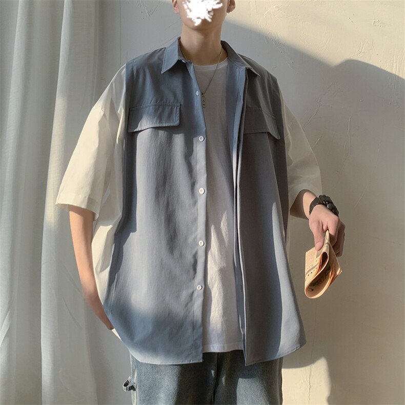 2023新款ins街头潮流日系流行五分袖衬衣学生男薄现货W584-P25,男装衬衫,星座512-2