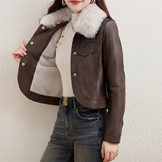 加绒加厚PU皮衣外套女短款2023冬新款小个子美拉德棉服新款夹克，女装皮衣，江南女神