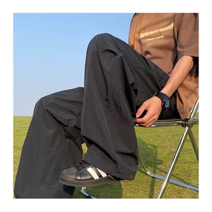 蓝色速干裤子男款夏薄款冰丝透气伞兵裤褶皱设计感直筒阔腿裤图片