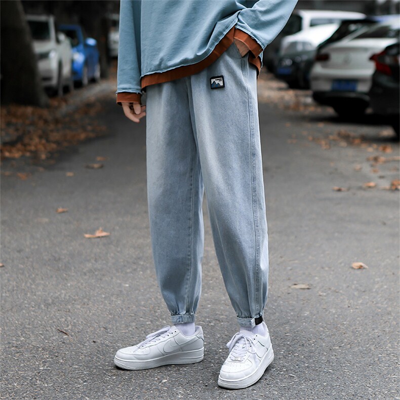 港风束脚牛仔裤男贴标潮牌宽松九分裤子秋季长裤K33-P55控78，男装牛仔裤，星座810(原QT5070)