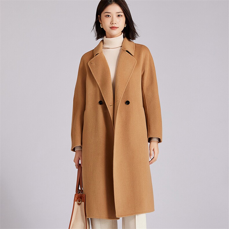 优雅女士冬季保暖长款外套时尚百搭显瘦羊毛大衣，女装双面呢大衣，羊程大衣