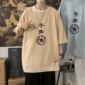 YT26070-P30 亚麻短袖t恤男大码五分袖男宽松七分袖 海报风图片