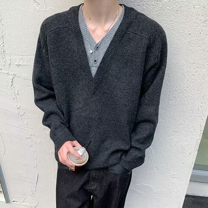 D082-P63撞色假两件春秋新款宽松慵懒套头薄款设计感针织衫,男装针织衫/毛衣,电商B323A