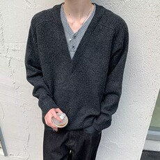 D082-P63撞色假两件春秋新款宽松慵懒套头薄款设计感针织衫，男装针织衫/毛衣，电商B323A