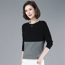 2021年春季通勤韩版圆领拼色长袖T恤女打底经典厚款上衣，女装T恤，伊满意